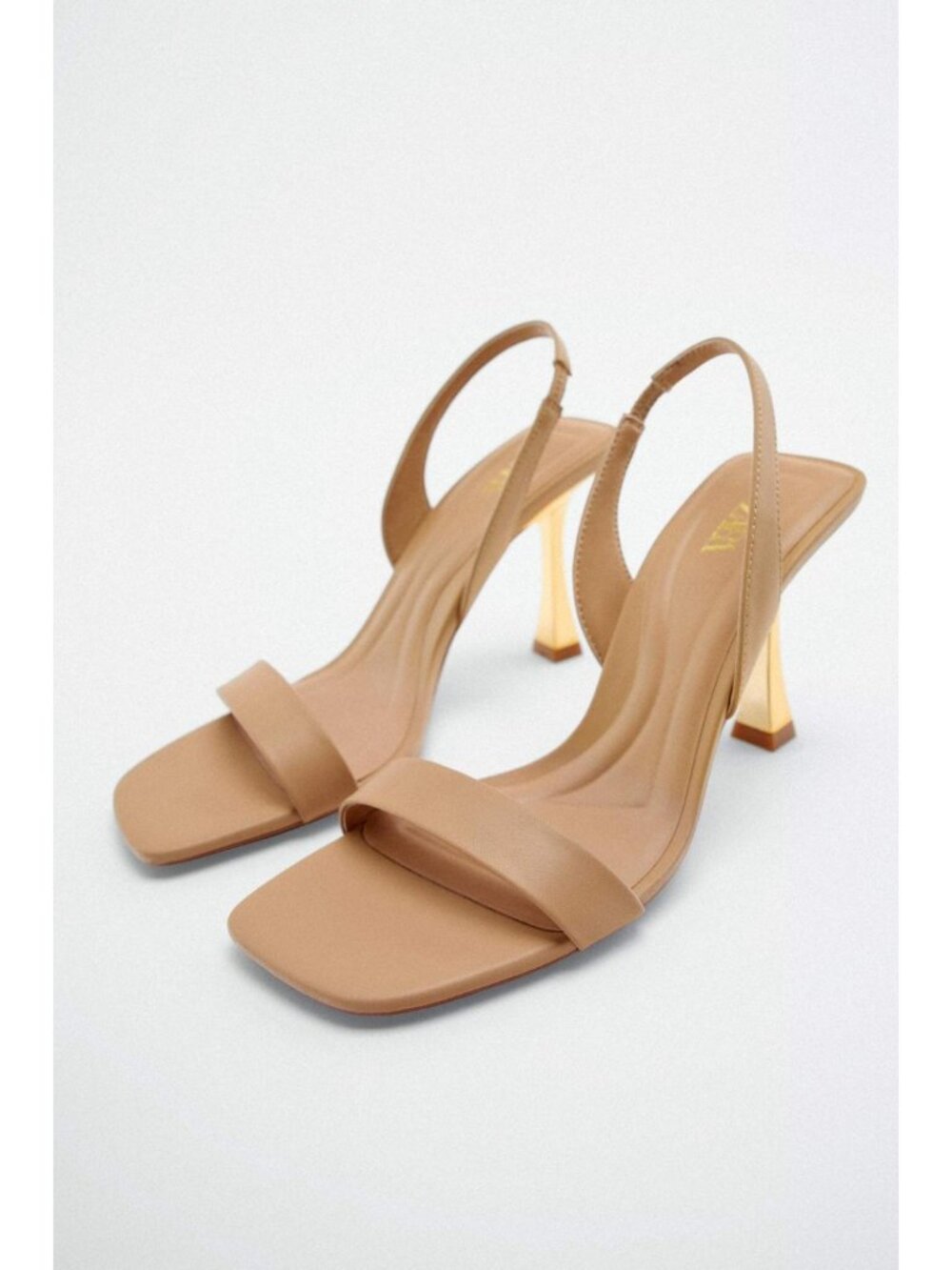 Zara Womens Heeled Sandals EU 38 US 7.5 Tan Slingback gold heels 2335/910 NWT